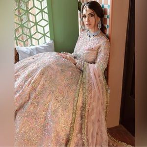 Gorgeous peachy pink gown lehenga anarkali with pearls and sequins & silk fringe